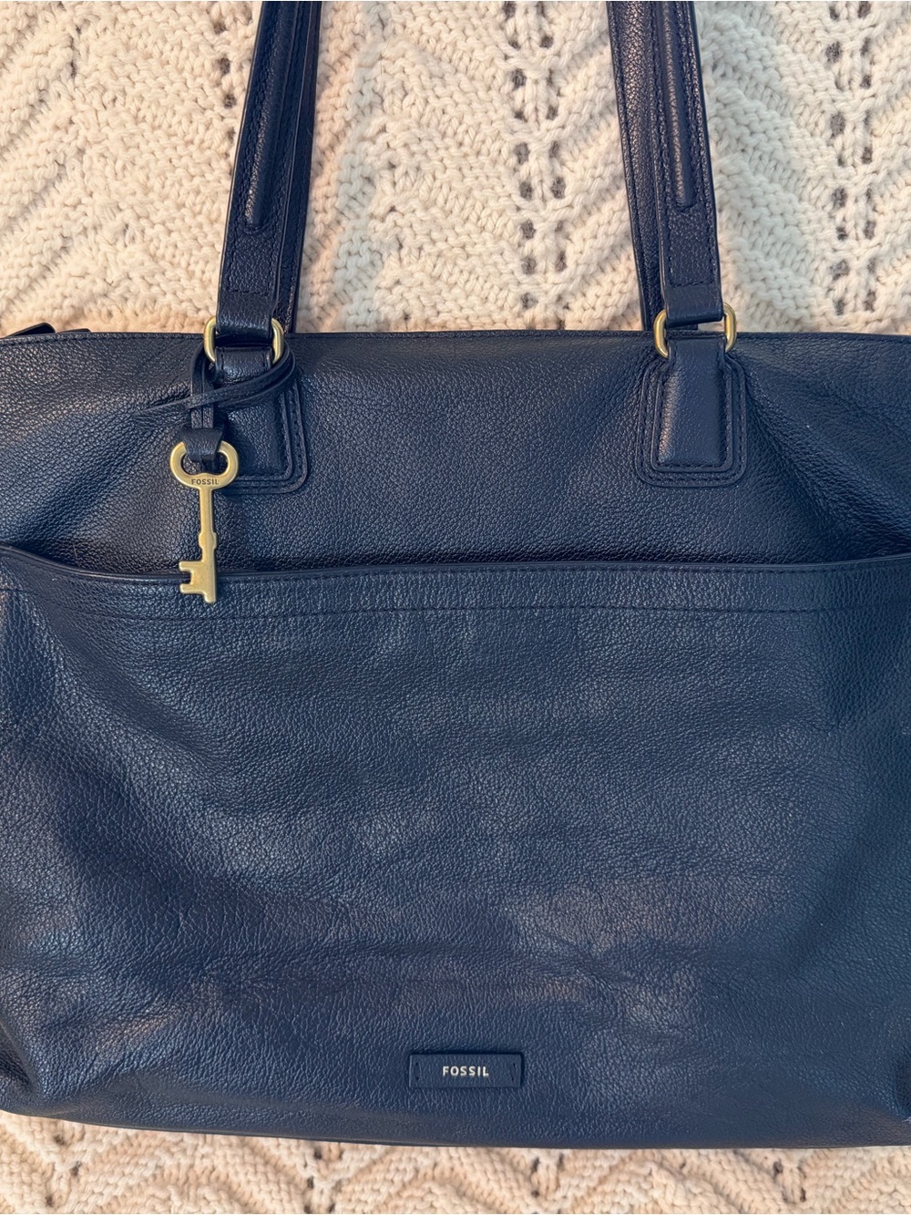 Fossil Navy Pebbled Leather Tote with Gold Key Charm